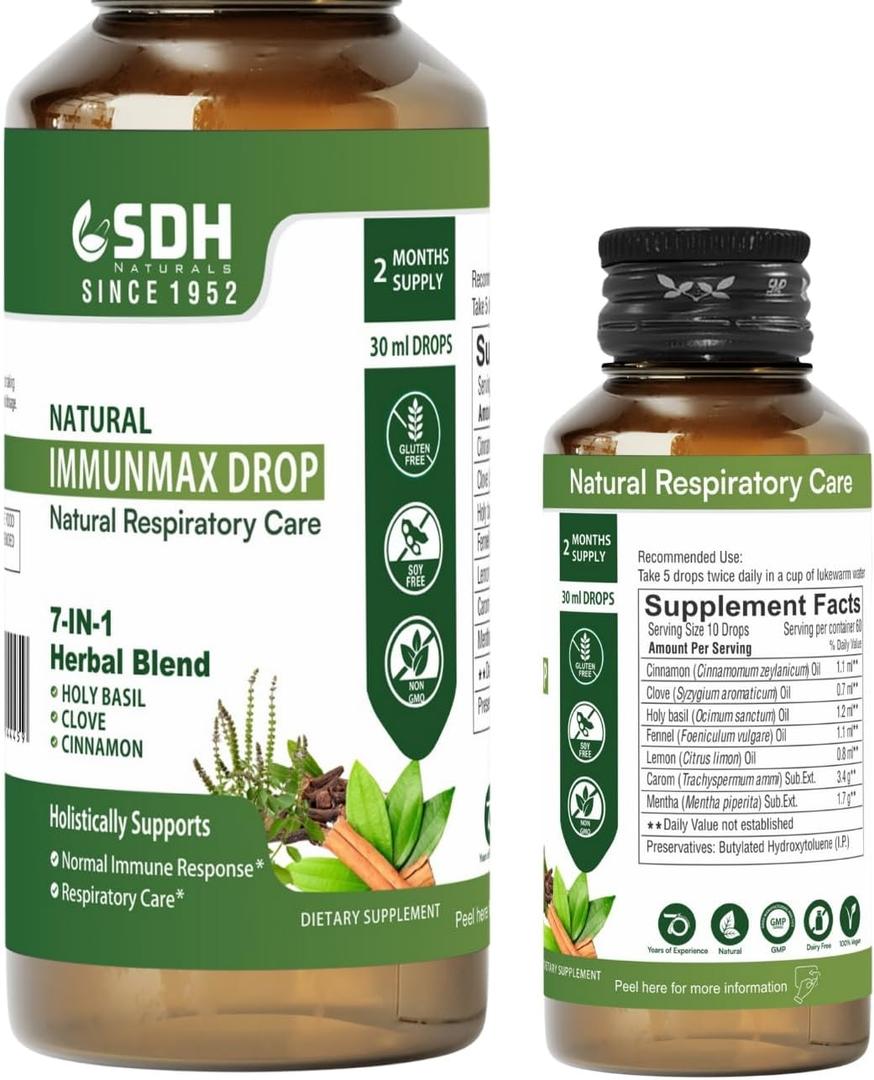 ImmunMax Drop All Natural Immunity and Respiratory Care Support with Holy Basil, Cinnamon & 5 More Herbs 30ml (2 Mon Supply) Colorless