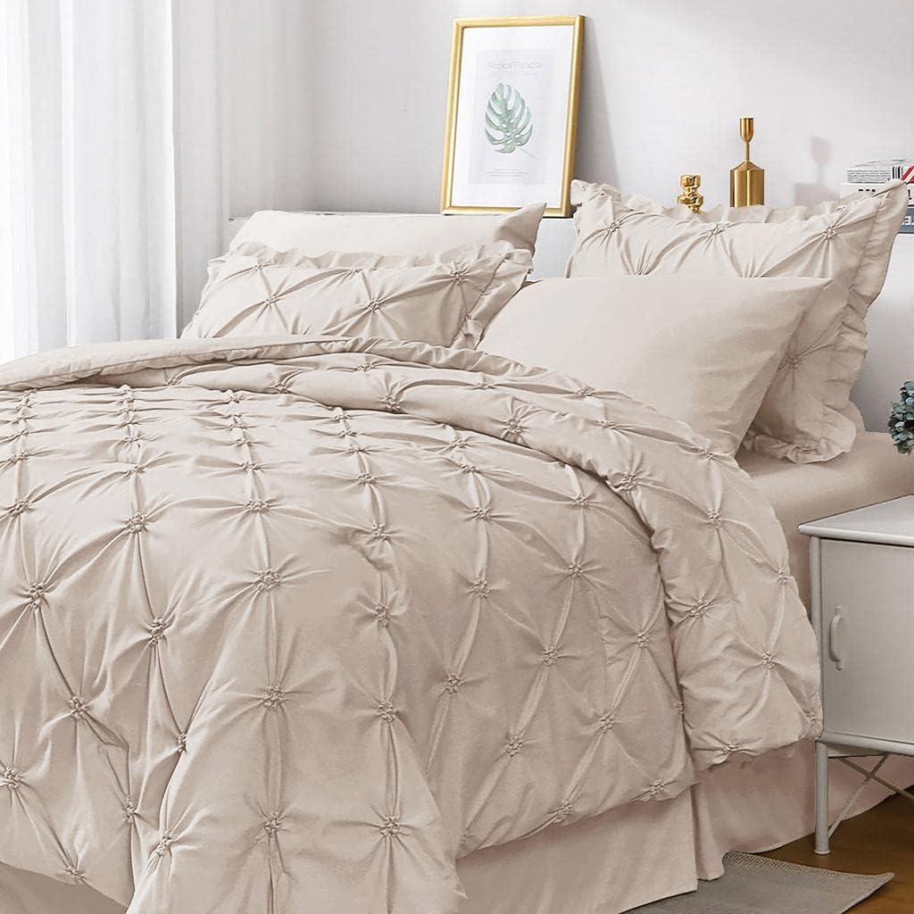 JOLLYVOGUE Queen Comforter Set 7 Pieces, Beige Bed in a Bag Comforter Set for Bedroom, Bedding Comforter Sets with Comforter, Sheets,Ruffled Shams & Pillowcases (Queen(88"x 88"))