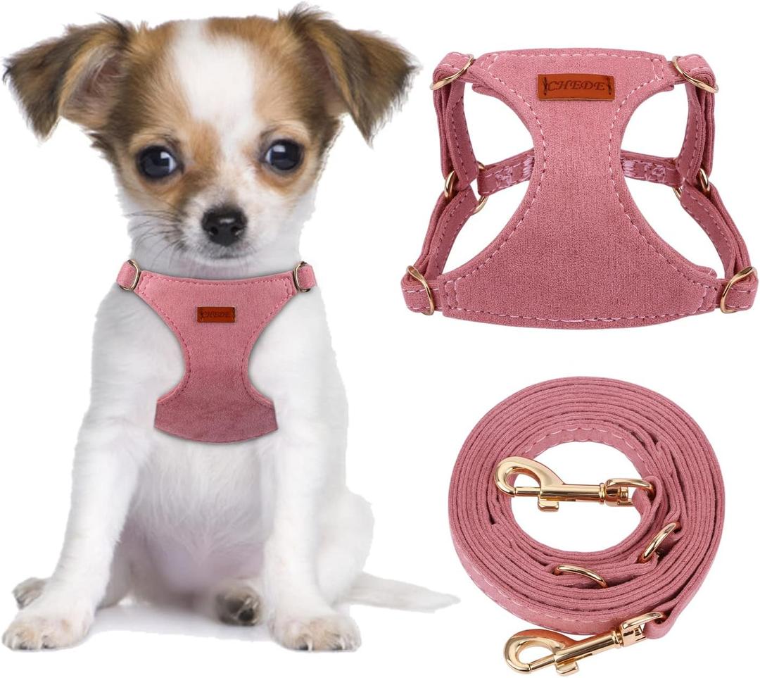 CHEDE No Pull Puppy Harness and Multifunction Dog Leash Set- 8 Colors Soft Adjustable No Choke Escape Proof Cute,Lightweight Pet Vest Harness for Small and Medium Dog (XXS, Antique Pink)