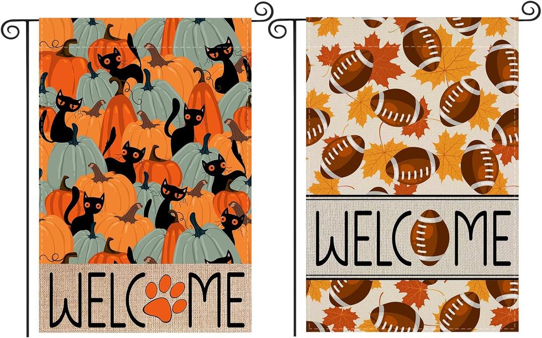 2 x 2Pcs Fall Garden Flag 12x18 Inch Double Sided Outside, Welcome Autumn Black Cat Football Pumpkin Seasonal Yard Outdoor Flag Decor, Set of 2