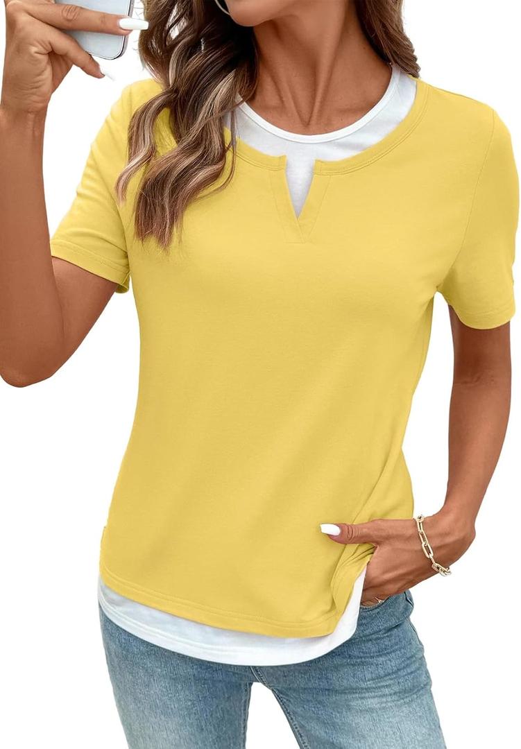 SHEWIN Womens Tops Casual Crewneck Color Block Short Sleeve Mock Double Layer T-Shirt Summer Outfits for Women 2026 (Yellow, M)