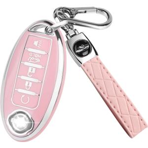 QBUC for Nissan Key fob Cover,Soft TPU 360Car Key Case Protector with Keychain Compatible with Altima Sentra Rogue Pathfinder Murano Armada Maxima Versa ect 5 Buttons Smart Keys(Pink)