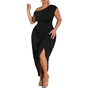 Floerns Women's Plus Size Asymmetrical Neck Long Dress Ruched Slit Hem Cocktail Dress, Size 4XL