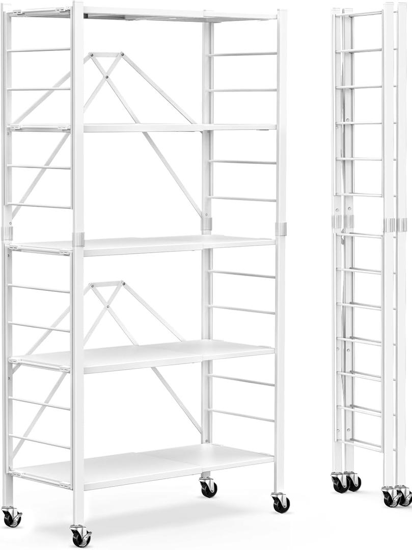 Himix 5 Tier Foldable Storage Shelves, Expandable Folding Pantry Shelf with Wheels, Changeable into 2 Shelf Units, Collapsible Storage Rack Metal Shelves for Kitchen, Room, Garage, White