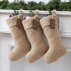Shinymoon 3 Pcs 21 Inch Brown Plush Faux Fur Christmas Stockings Sherpa Large Furry Cream Personalized Rustic Neutral Luxury Fuzzy Stocking Xmas Fireplace Stockings with Wooden Tags Farmhouse Decor (Khaki)