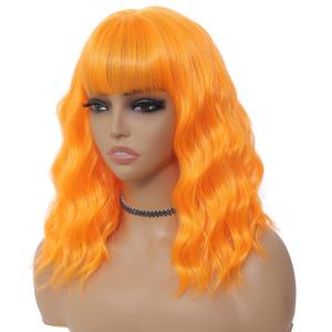 MINLEE Orange Wig with Bangs for Women 14 Inch Short Bob Wavy Curly Wig Orange Hair Wigs Heat Resistant Synthetic Wigs and Attachments
