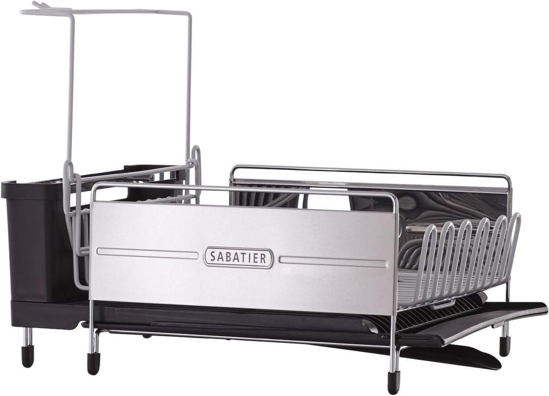 Sabatier Expandable Stainless Steel Dish Rack with Rust-Resistant Soft Coated Wires and Bi-Directional Spout, with Utensil Caddy and Removable Stemware Holder (Gray/Black)