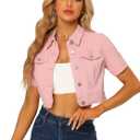 Allegra K Casual Denim Jacket for Women Short Sleeves Crop Jean Denim Jacket (Pink, Small)