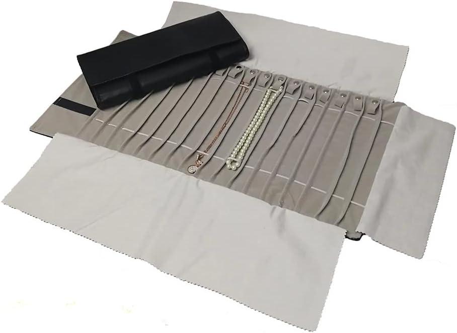 Portable Jewelry Roll Untangled Secure Necklace Travel Storage Bag Displays Holder 16 Chain (Black PU and gray velvet)