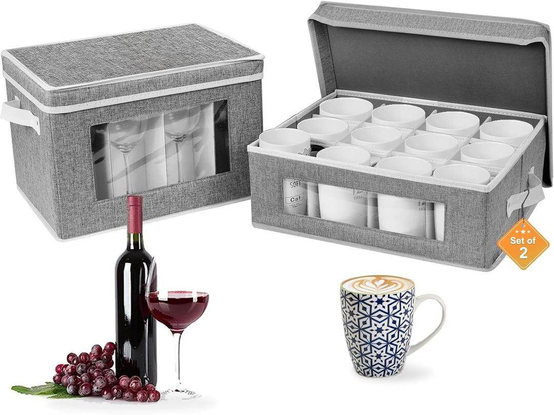 homyfort Mug and Wine Glass Storage Box with Dividers, Stemware Storage Cases and Coffee Cup Storage Organizer, China Crystal Storage Containers Hard Shell for Glassware Protection and Moving (Grey)