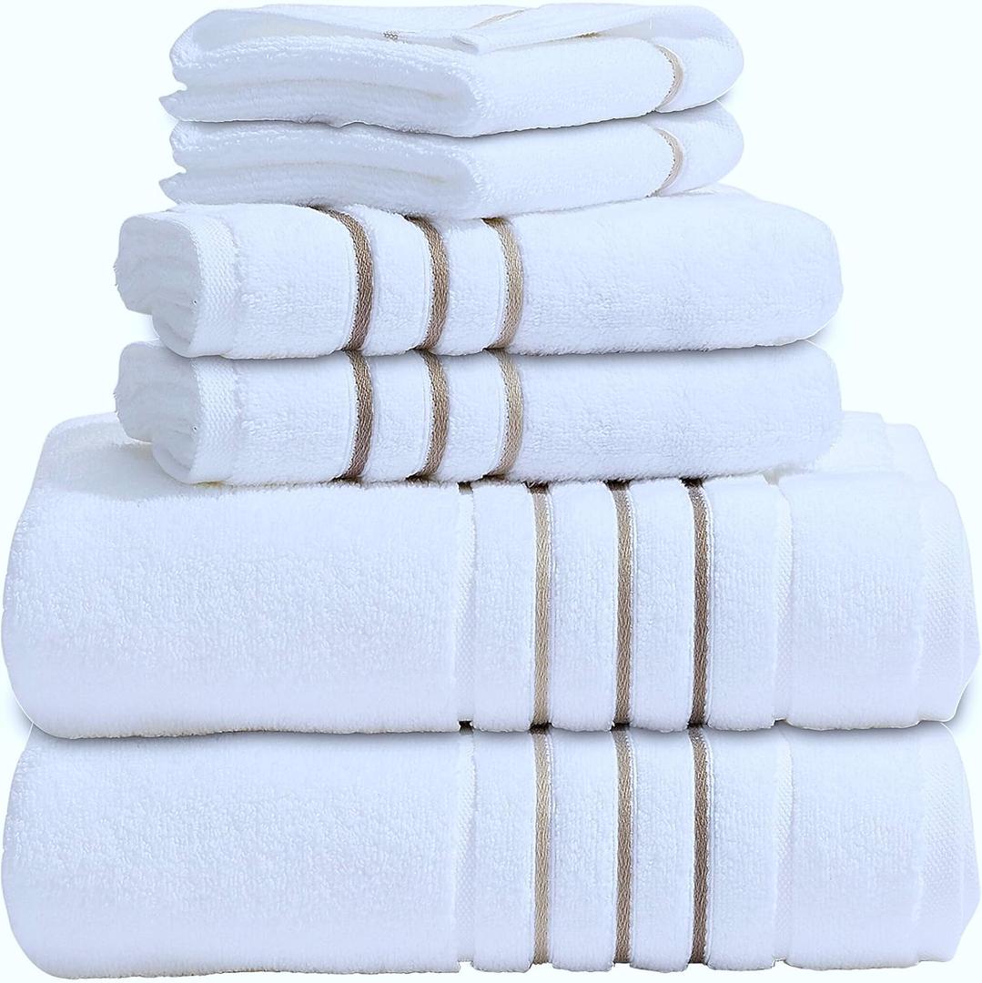 Bath Towels Set for Bathroom  Luxury 6-Piece Cotton Towels, Soft Absorbent & Quick Dry, 600 GSM Bath Towels for Bathroom, Hotel Spa Quality (2 Bath, 2 Hand, 2 Washcloths, White Taupe Brown Stripe)