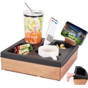 Couch Cup Holder Tray, Silicone Acacia Wooden Couch Caddy with Cup Holder for Snacks, Drinks, Remotes, Waterproof Cup Holder for Couch, Organizer, for Elderly/Women/Men (Black)