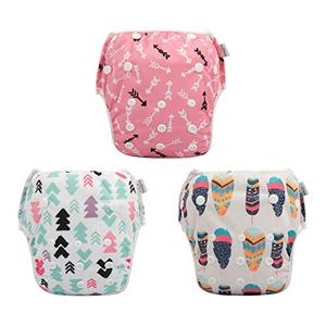 Babygoal Baby Girl Swim Diapers 3 Pack for Babies and Toddlers, Reusable Adjustable Washable for Swimming Lessons-Leaves, Arrow,Feather, Large 