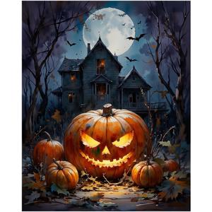 EnLvYY Paint by Numbers Kit for Adults 16x20in, DIY Acrylic Painting on Canvas, Halloween Pumpkin Scene with Haunted House, Full Moon and Bats, Unframed Beginner Wall Art, Gift for Friends and Family