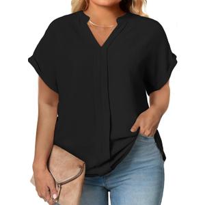 Eytino Womens Plus Size Summer Tops V Neck Short Sleeve Dressy Casual Blouse Work Shirts (Black, 2X)