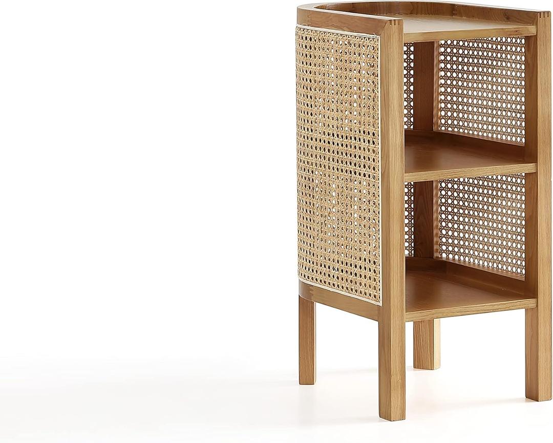 Manhattan Comfort Versailles Rattan Bedside End Table Accent Sofa Side Table for Living Room, Bedroom, Study and Home Office with 2 Shelf Storage, Natural Cane (Set of 1)