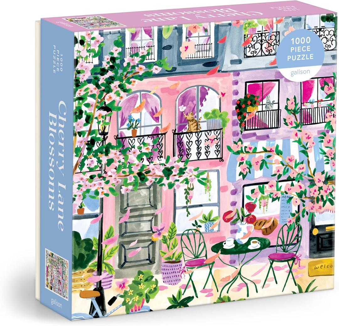 Galison Cherry Lane Blossoms ‚Äì 1000 Piece Jigsaw Puzzle Featuring Beautiful Artwork of A Cherry Blossom Adorned Neighborhood