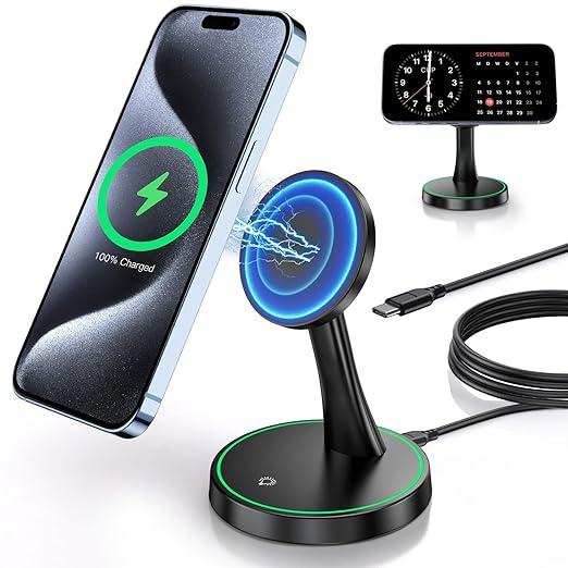 Magnetic Wireless Charger Stand 15W Fast Mag-Safe Charger for iPhone 15/15 Pro/15 Plus/15 Pro Max/14/13/12 Series Magnet Wireless Charging Station/Pad with Sleep-Friendly Light for AirPods 3/Pro/Pro 2