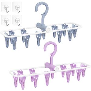 Clothes Drying Hanger with 12 Clips, 2 Pack Folding Portable Hanging Drying Rack,Drip Foldable Hanging Rack, 360 Rotatable Hook for Drying Towels Bras Baby Clothes Gloves Plastic(Blue&Purple)
