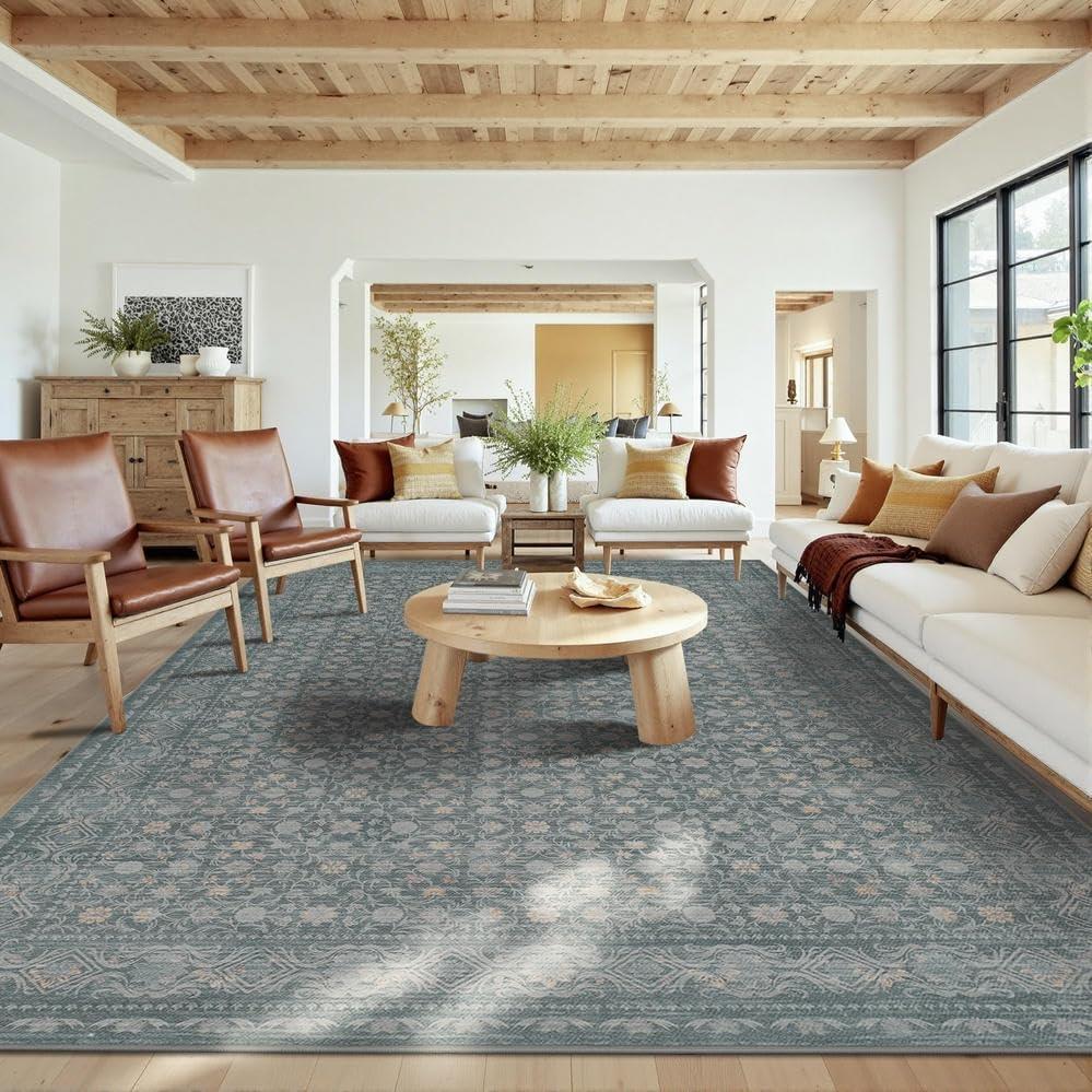10x14 Washable Area Rug for Living Room, Extra Large Vintage Boho Rugs for Dining Room, Kids Room, Farmhouse, Durable Low Pile Non Slip Carpet for High Traffic Areas, Blue