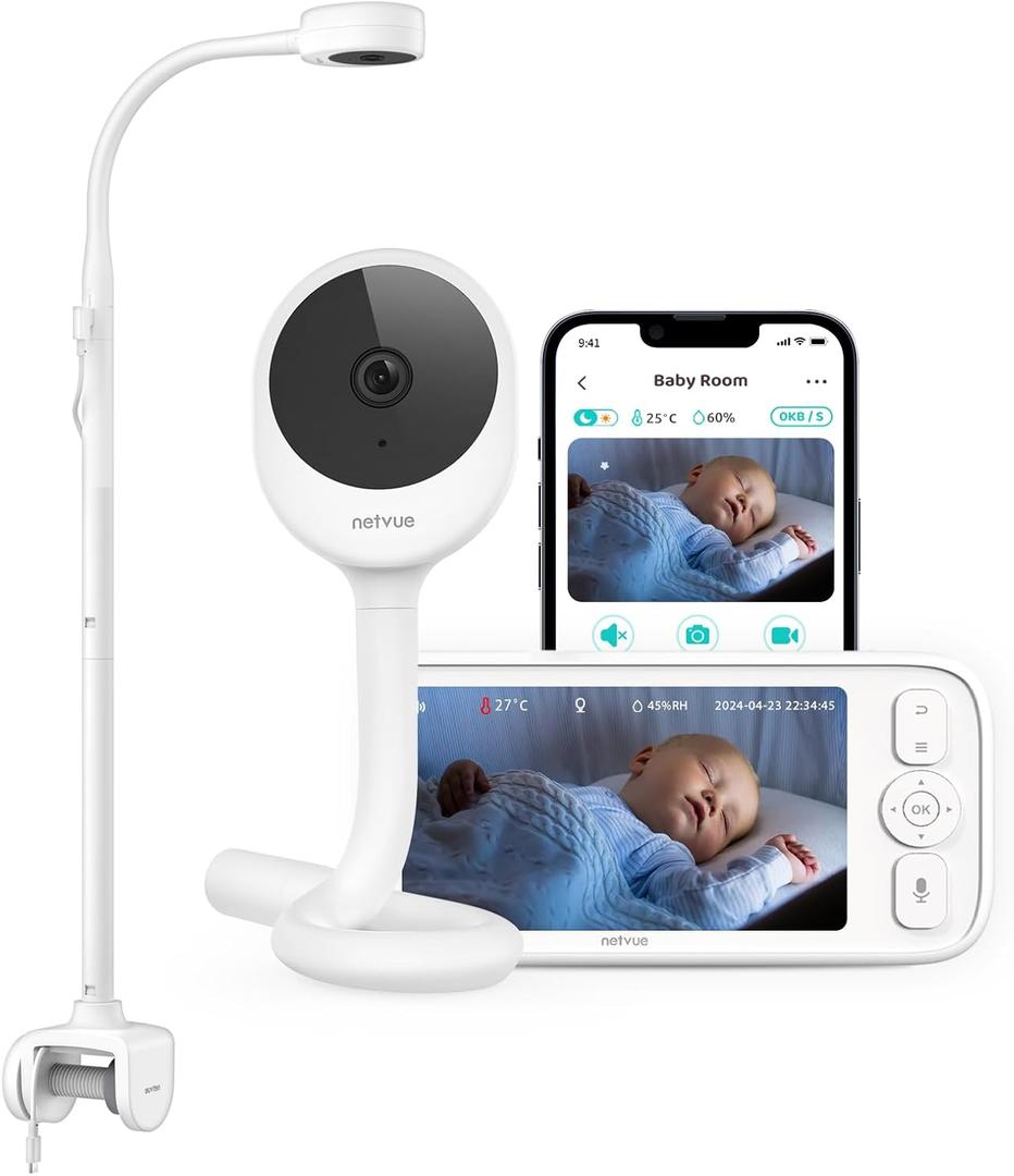 NETVUE Upgraded Baby Camera Monitor Video - 5000mAh Baby Monitor with Camera and Audio, 5" Display, 4 in 1 Bracket Meets The Needs in All Scenarios, Smart Phone App, Cry Detection (White)