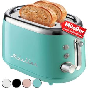 Mueller Retro Toaster 2 Slice with 7 Browning Levels and 3 Functions: Reheat, Defrost & Cancel, Stainless Steel Features, Removable Crumb Tray, Under Base Cord Storage, Turquoise (2 Slice, Turquoise)