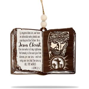 4 x Bible Verse & Jesus Book Wooden Ornament  Christian Christmas Tree Decoration with Jesus Christ & 1 John 2:1-2 Scripture  Religious Faith Ornament & Inspirational Gift