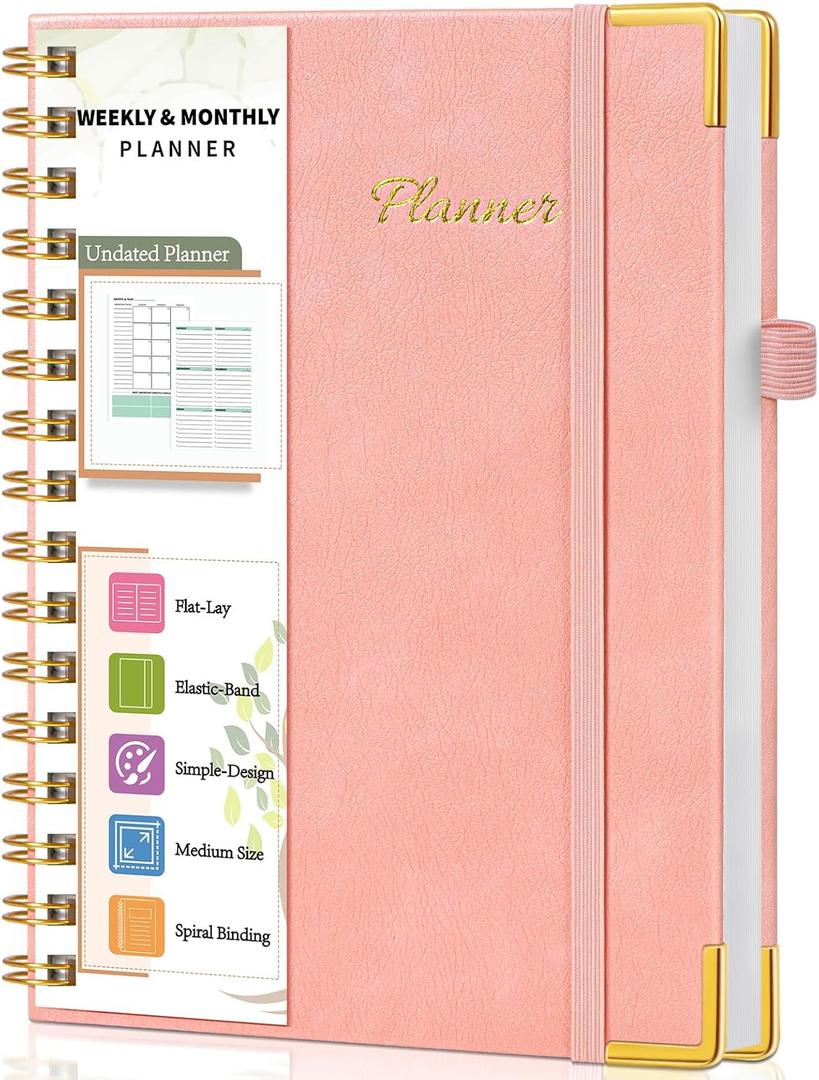 Undated Weekly Planner, Hardcover Leather Weekly & Monthly Calendar Blank Planner, To Do List Notebook with Goal & Habit Tracker Organizer, A5 Daily Planner with Spiral Binding, Ideal for Work School Home, Pink