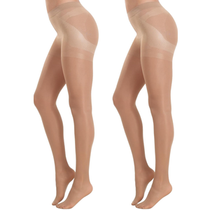 MANZI 2 Pairs Women's Sheer Tights 40D High Waist Control Top Pantyhose Thigh High Stockings with Reinforced Toes S
