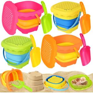 OCHIDO 4 Pack Collapsible Beach Toys for Kids Toddlers, Sand Toys with 4 Collapsible Beach Bucket with Sifter, 4 Beach Shovel and Storage Mesh Bag, Travel Sandbox Toys Beach Essentials for Age 3-10