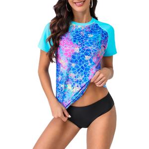 Bonneuitbebe Women's Swim Shirt UPF 50+ Short Sleeve Rash Guard UV Sun Protection Swimsuit Bathing Suit Top (Medium, Watercolor Lattice)