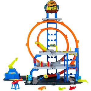 Hot Wheels Toy Car Track Set with Die-Cast Car & Helicopter, 2 Loops, Storage for 36 1:64 Scale Vehicles, Speed Snap Adapters, Mega Loop Garage, Large