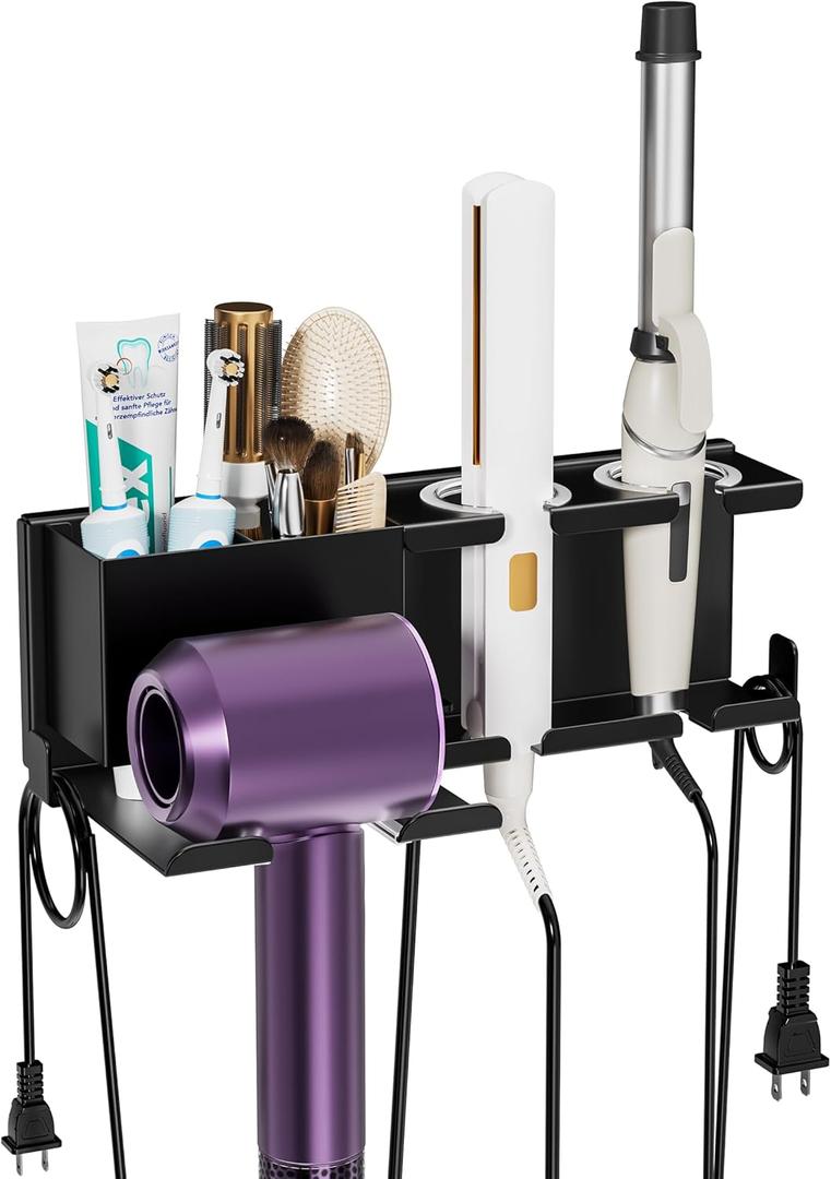 BOIVSHI Hair Dryer Holder Wall Mounted, Metal Hair Tools Organizer, Hair Dryer Holder for Blow Dryer, Curling Iron, Straightener, Bathroom Hair Accessories Tools Organizer, Black