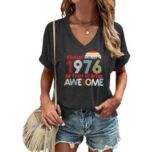Chulianyouhuo Vintage 1976 T Shirts for Women 50th Birthday Gifts Letter Print Retro Party Tops Casual V Neck Tee Tshirts, L