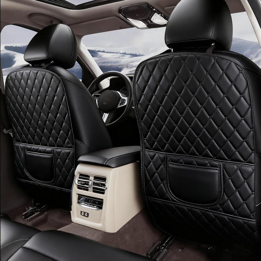 Leatherette Car Seat Protector - 2 Pack Large Car Kick Mats with Storage Pockets Organizer Seat Back Cover Against Dirty Shoes & Scratches, Universal Fit for Most Vehicles (Black)