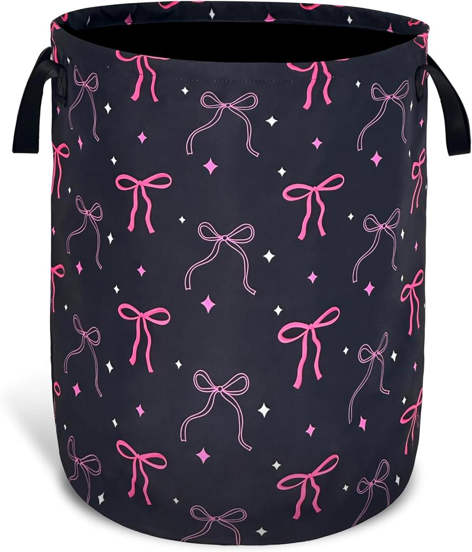 Beautiful Bow Laundry Basket Foldable Oxford Cloth With Handle Portable Colorful Storage Basket Organizer Suitable For Laundry Room/Living Room/Bedroom/Children'S Room (18.9 X 16.5 Inch)