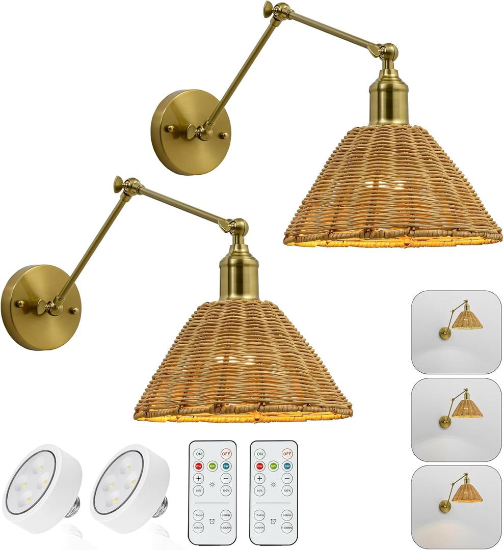 Battery Operated Wall Sconce 2 Pack, Gold Simple Rattan Wall Sconce Adjustable Brightness, Modern Furniture Decor Lighting for Kitchen Island Living Room Bedroom (Long arm - gold)