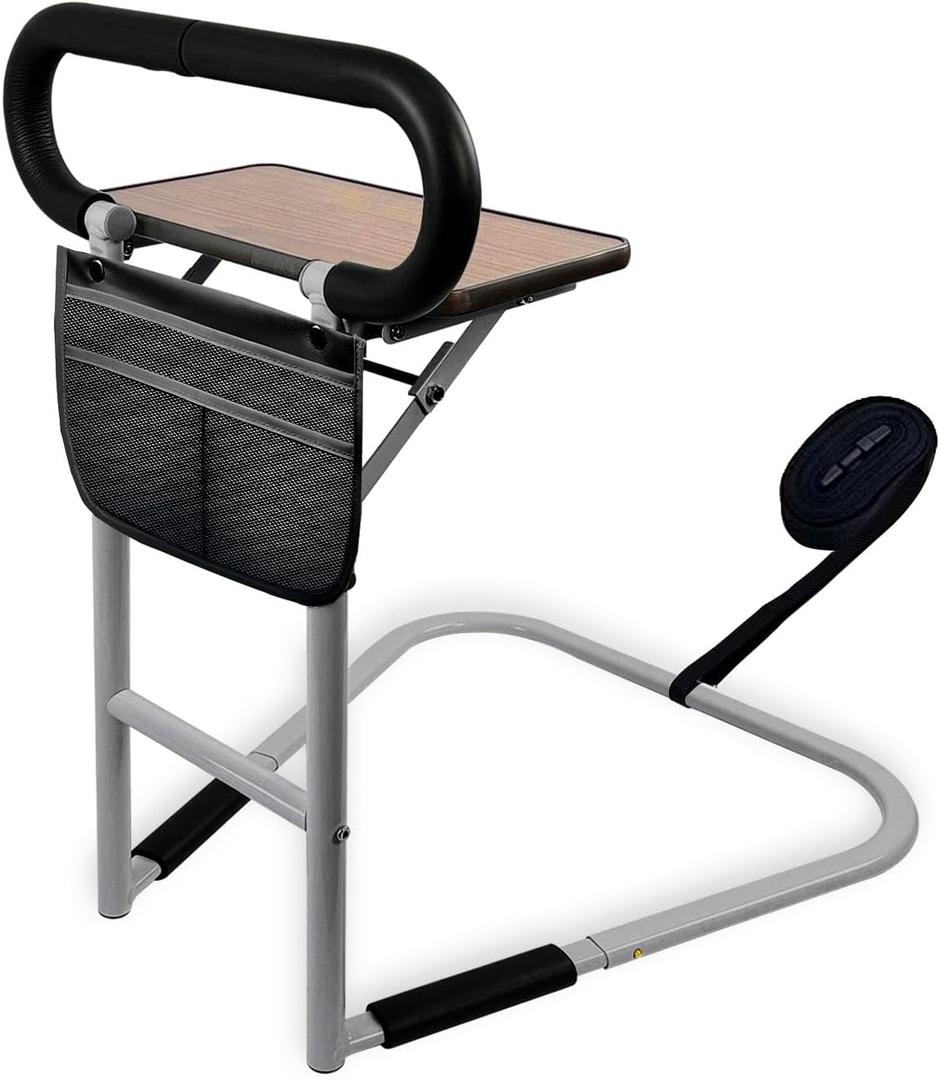 Bed Rails for Elderly Adults Safety with Foldable Table | 2025 Bed Assist Rails for Seniors | 60% Wider Support with Horn-Shaped Base | for Home & Nursing Home | Black Handle & Grey Rails (Medium)