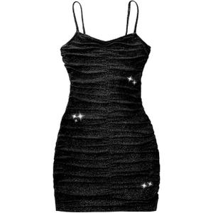 EXARUS Girls Spaghetti Strap Bodycon Mini Dress Prom Summer Sleeveless Ruched Pencil Dress 12 Y Black