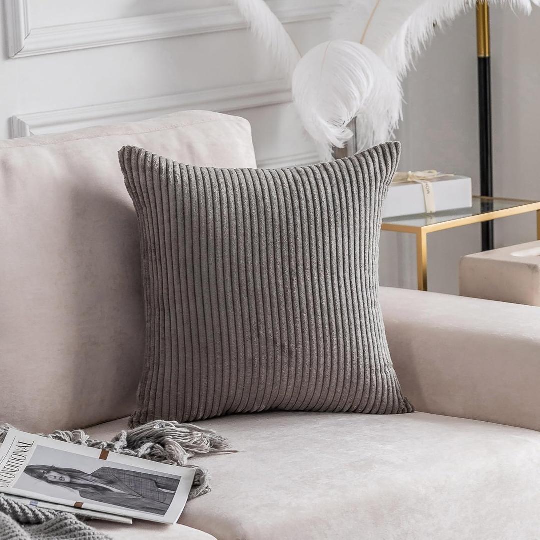 Home Brilliant Pillow Cover 20 x 20 Square Plush Throw Pillow Cover Soft Corduroy Striped Pillowcase for Chair Bench Patio Porch Balcony, 20x20 inch (50cm), Ash Grey