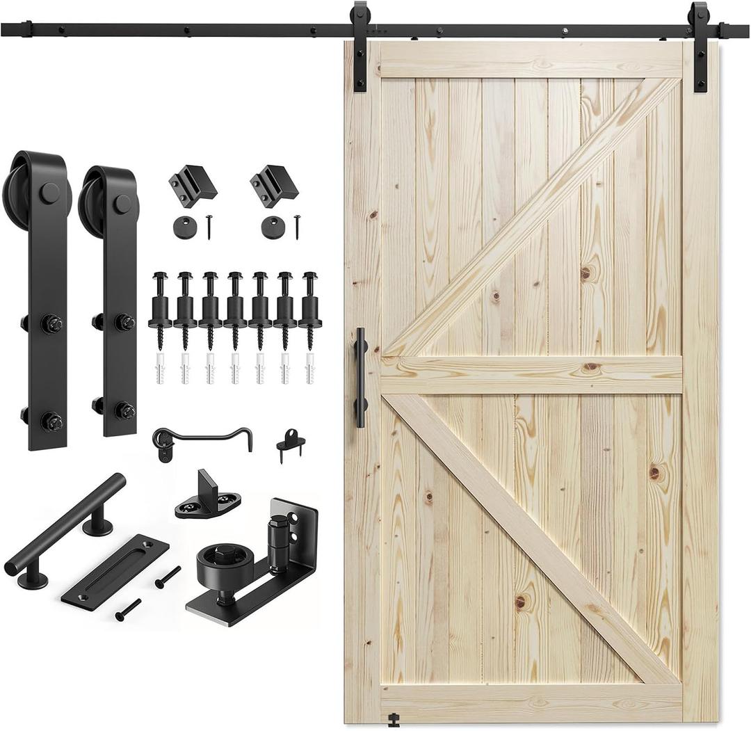 SMARTSTANDARD 60in x 96in Sliding Barn Door with 10ft Barn Door Hardware Kit Included, Unfinished Solid Spruce Wood Door, Assembly Required, DIY, Stainable, Natural