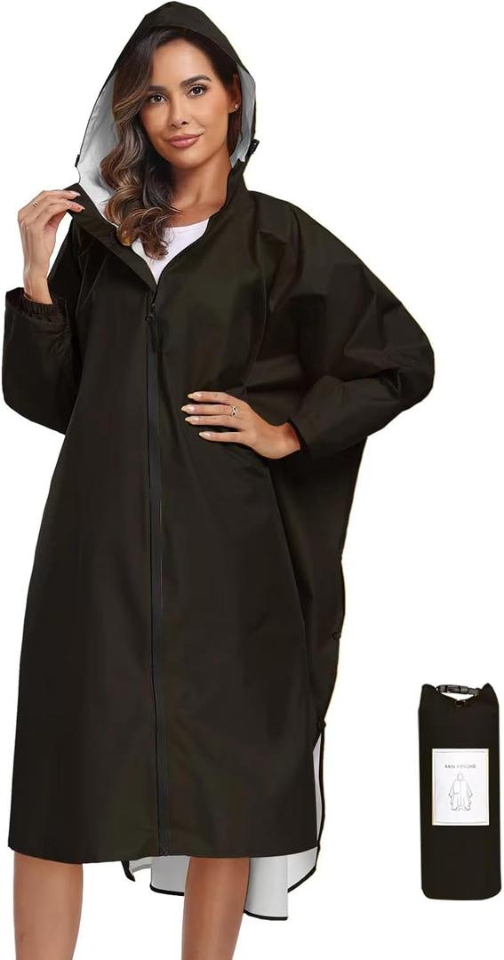 SaphiRose Long Sleeve Rain Jacket Extra Length Waterproof Rain Poncho with Hood and Pockets for Adults (Black) S