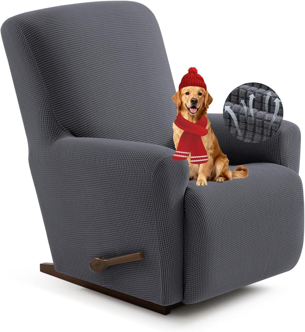 Recliner Chair Covers,1 Piece Stretch Recliner Cover Washable Furniture Protector with Elastic Bottom for Pets Kids Spandex Jacquard Fabric Small Checks(Recliner,Dark Gray)