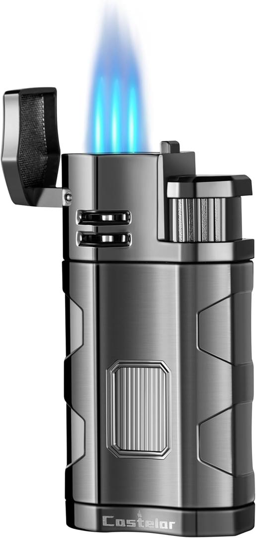 Castelar Cigar Torch Lighter Triple Flame Windproof Refillable Butane Cigar Lighter with Rest Holder Punch - Butane Not Included (Gunmetal/Black)