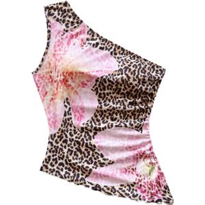 Floerns Women's Cheetah Print One Shoulder Tank Top Sleeveless Ruched Floral Vest Shirts (Large, Khaki)