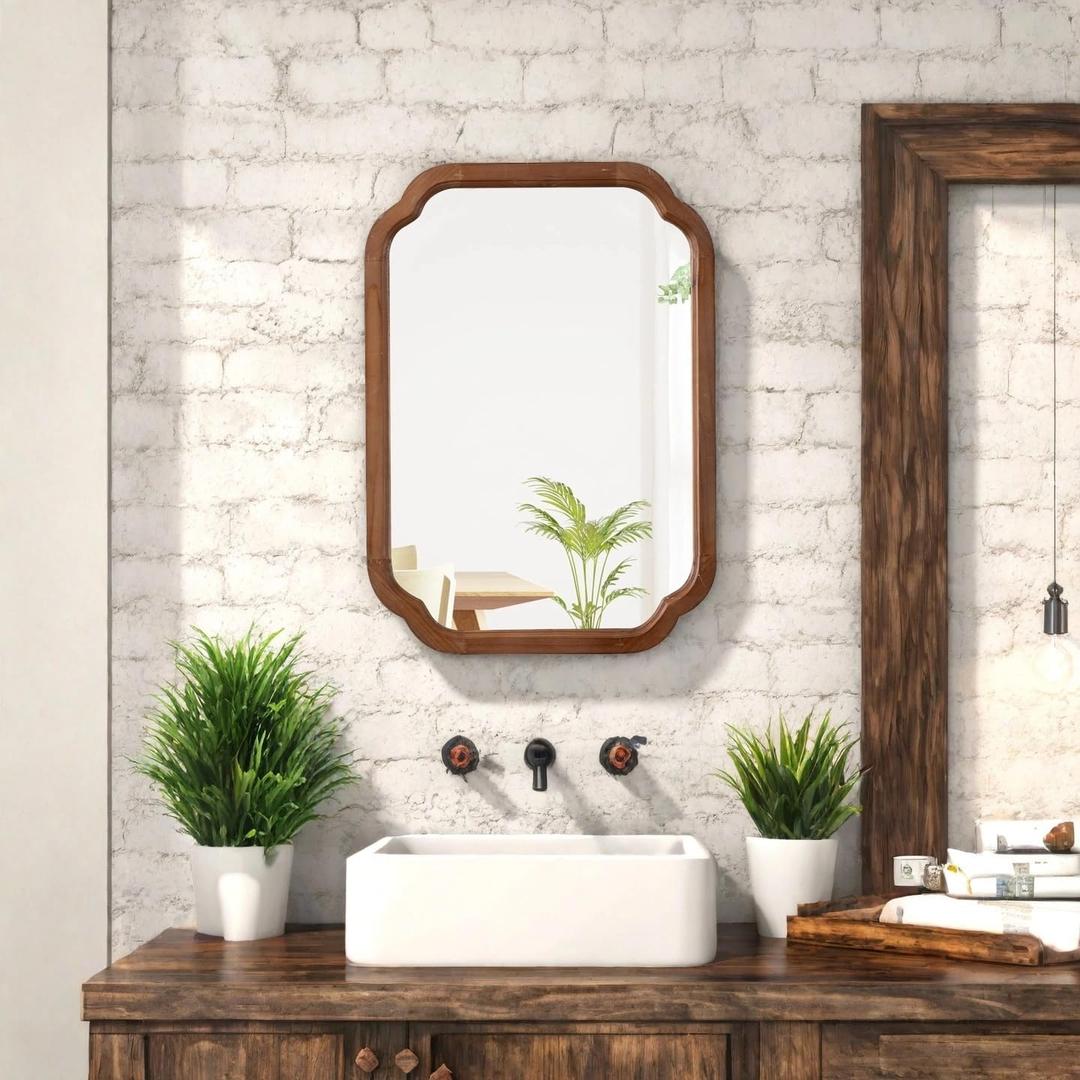 Farmhouse Small Bathroom Mirrors for Wall Decor 17 X 24 Inch, Wood Frame Arched Corner Rectangle Rustic Decorative Wall Mirror for Living Room Entryway, Horizontal or Vertical Hanging