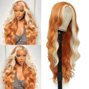 xccoco 30“ Long Body Wave Highlight Wigs Skunk Stripe Synthetic Lace Wig Long Wavy Orange with Blonde Highlighted Wigs for Women
