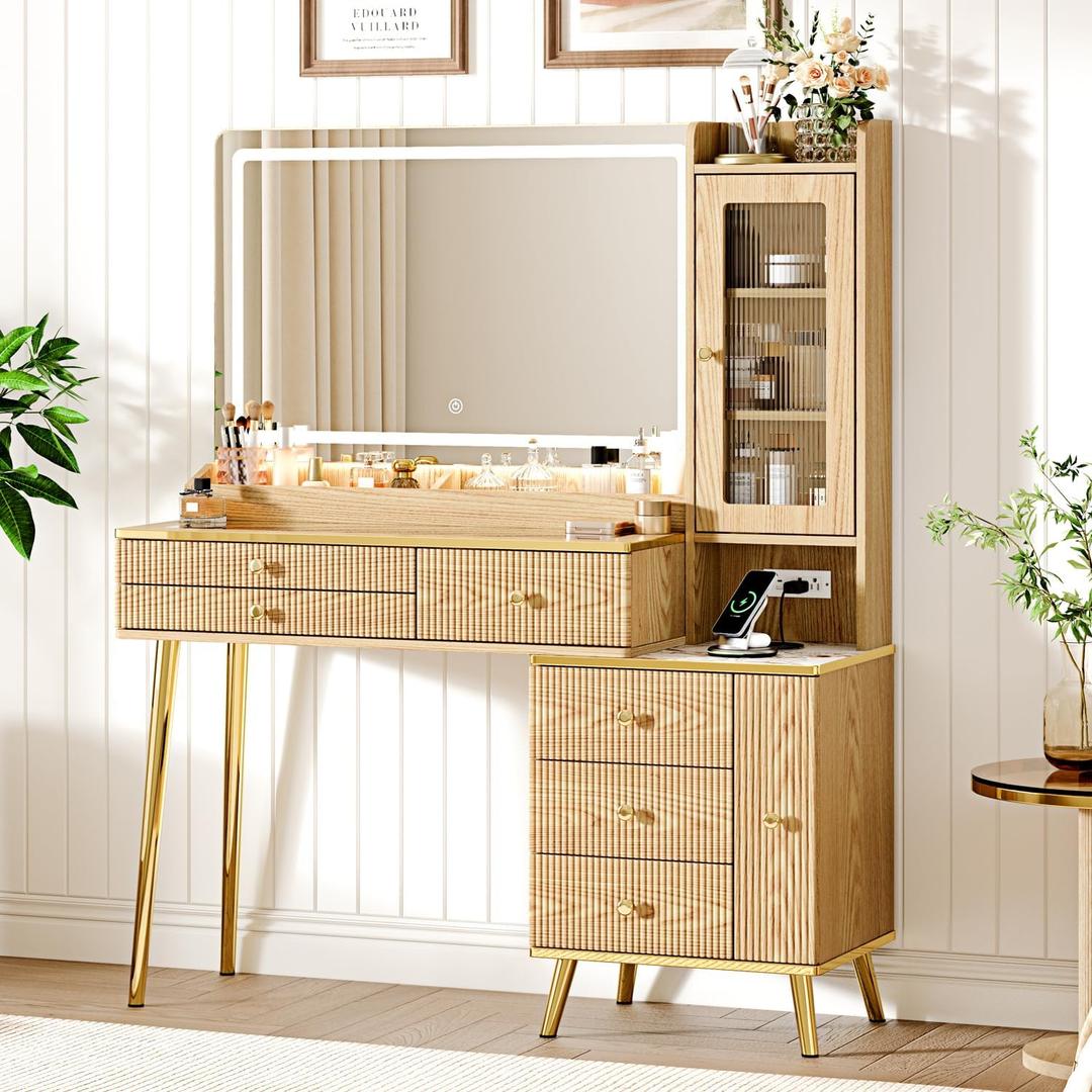 Arulvmrn Vanity Desk with 35.12" HD Lighted Mirror, 46.85" Big Modern Vanity Desk with Mirror and Lights, Makeup Vanity with 7 Drawers and Storage Shelves and Charging Station, Oak (Natural)