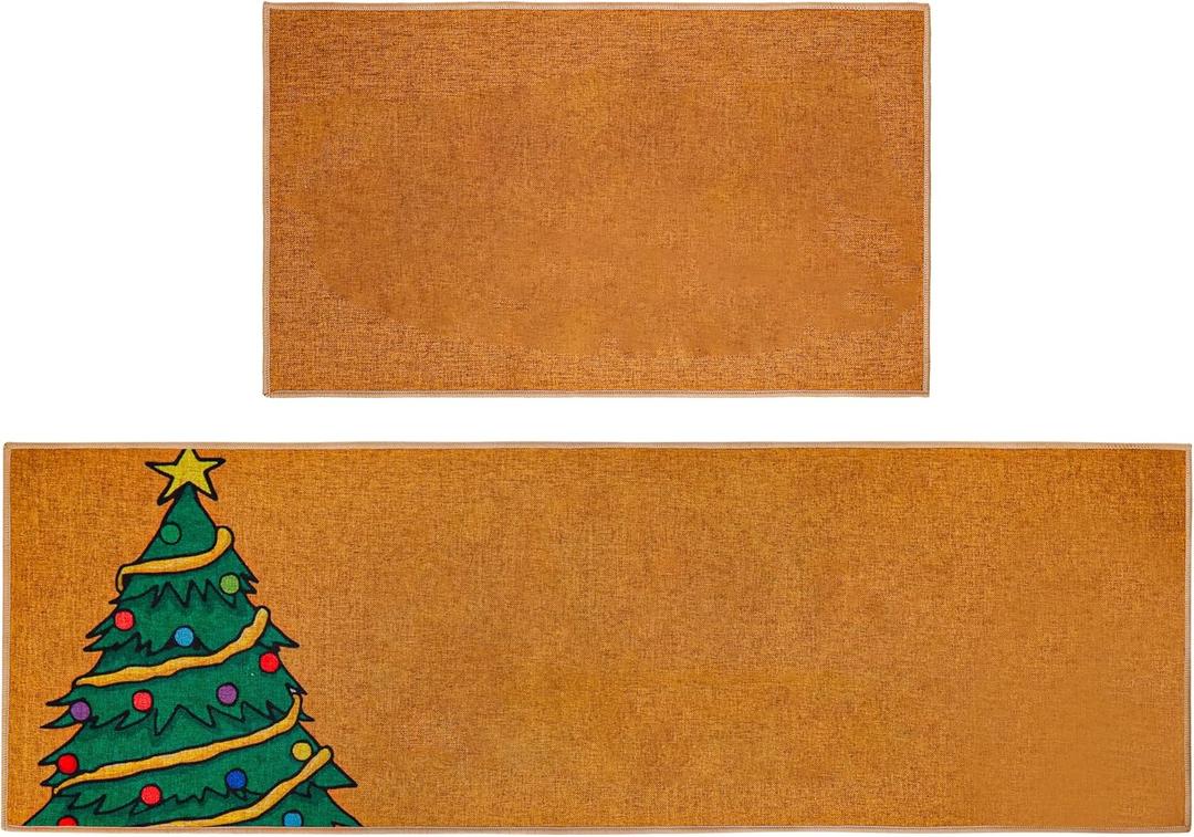 JEQAX 2 Pcs Christmas Kitchen Mat and Rug Decorations, Xmas Brown Door Mats Floor Rugs, Non Slip Washable Indoor Rugs for Bathroom Toilet Laundry Bedroom Holiday Home Decor