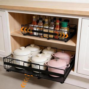 2 Pack Expandable Pull out Cabinet Organizer, Width (13"-21") Pull Out Drawers for Cabinets, 17" Deep Upgrade 3 Slide Rails Slide Out Drawers, No Drill Adjustable Roll Out Shelves (Black)